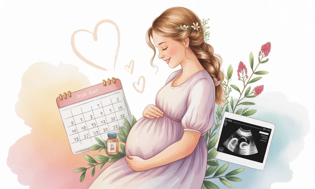 Illustration of a pregnant woman in her first trimester, gently holding her belly, surrounded by icons representing health, nutrition, and prenatal care.