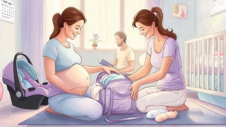 Illustration of a pregnant woman in her third trimester smiling as she packs a hospital bag in a cozy, pastel-colored bedroom. She is surrounded by baby essentials including a car seat, soft baby clothes, and a birth plan checklist. A calendar with the due date marked, a yoga ball, and a supportive partner in the background add to the peaceful, prepared atmosphere.