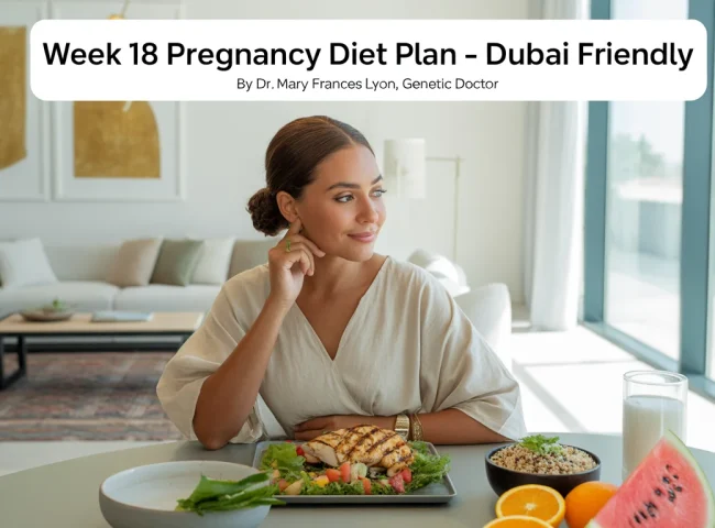 A health-conscious pregnant woman relaxes in a sunlit, modern Dubai apartment. She wears breathable cotton loungewear and sits at a dining table with a light meal: grilled chicken salad, a small bowl of sliced fruits, and a glass of coconut water. The apartment features minimalist décor with Arabic design elements, gold accents, and indoor plants. The setting is calm, fresh, and wellness-focused.