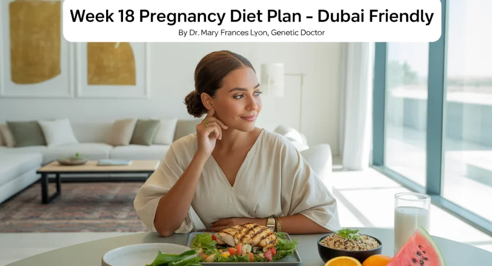 A health-conscious pregnant woman relaxes in a sunlit, modern Dubai apartment. She wears breathable cotton loungewear and sits at a dining table with a light meal: grilled chicken salad, a small bowl of sliced fruits, and a glass of coconut water. The apartment features minimalist décor with Arabic design elements, gold accents, and indoor plants. The setting is calm, fresh, and wellness-focused.