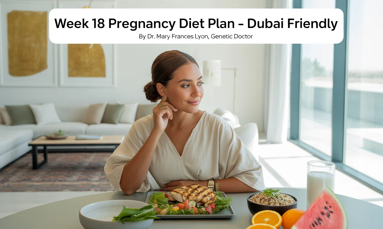 A health-conscious pregnant woman relaxes in a sunlit, modern Dubai apartment. She wears breathable cotton loungewear and sits at a dining table with a light meal: grilled chicken salad, a small bowl of sliced fruits, and a glass of coconut water. The apartment features minimalist décor with Arabic design elements, gold accents, and indoor plants. The setting is calm, fresh, and wellness-focused.