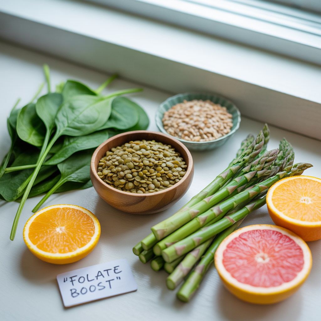 Flat lay of folate-rich foods: fresh spinach leaves, a bowl of cooked lentils, asparagus spears, sliced oranges and grapefruits, and a small bowl of fortified cereal or whole grains arranged on a clean surface with soft natural lighting.