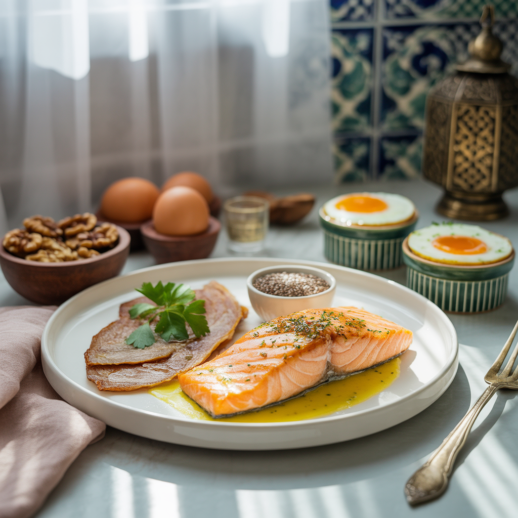 A warm kitchen table with grilled salmon fillets, cooked hammour fish garnished with herbs, scrambled omega-3-fortified eggs, a bowl of chia and flaxseeds, and a small dish of walnuts. The setting is bright and clean, reflecting a nourishing and pregnancy-friendly meal.
