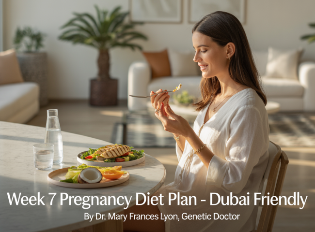 A health-conscious pregnant woman relaxes in a sunlit, modern Dubai apartment. She wears breathable cotton loungewear and sits at a dining table with a light meal: grilled chicken salad, a small bowl of sliced fruits, and a glass of coconut water. The apartment features minimalist décor with Arabic design elements, gold accents, and indoor plants. The setting is calm, fresh, and wellness-focused.