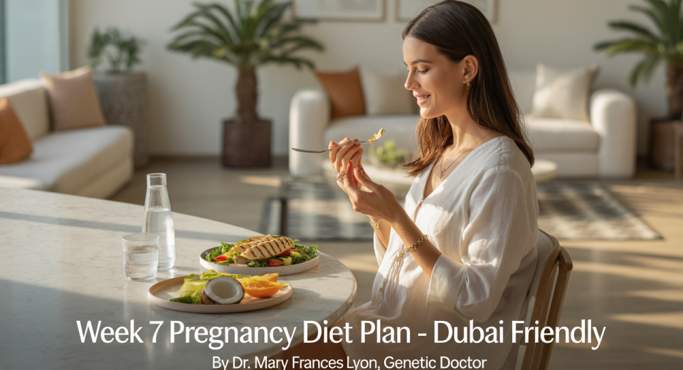 A health-conscious pregnant woman relaxes in a sunlit, modern Dubai apartment. She wears breathable cotton loungewear and sits at a dining table with a light meal: grilled chicken salad, a small bowl of sliced fruits, and a glass of coconut water. The apartment features minimalist décor with Arabic design elements, gold accents, and indoor plants. The setting is calm, fresh, and wellness-focused.