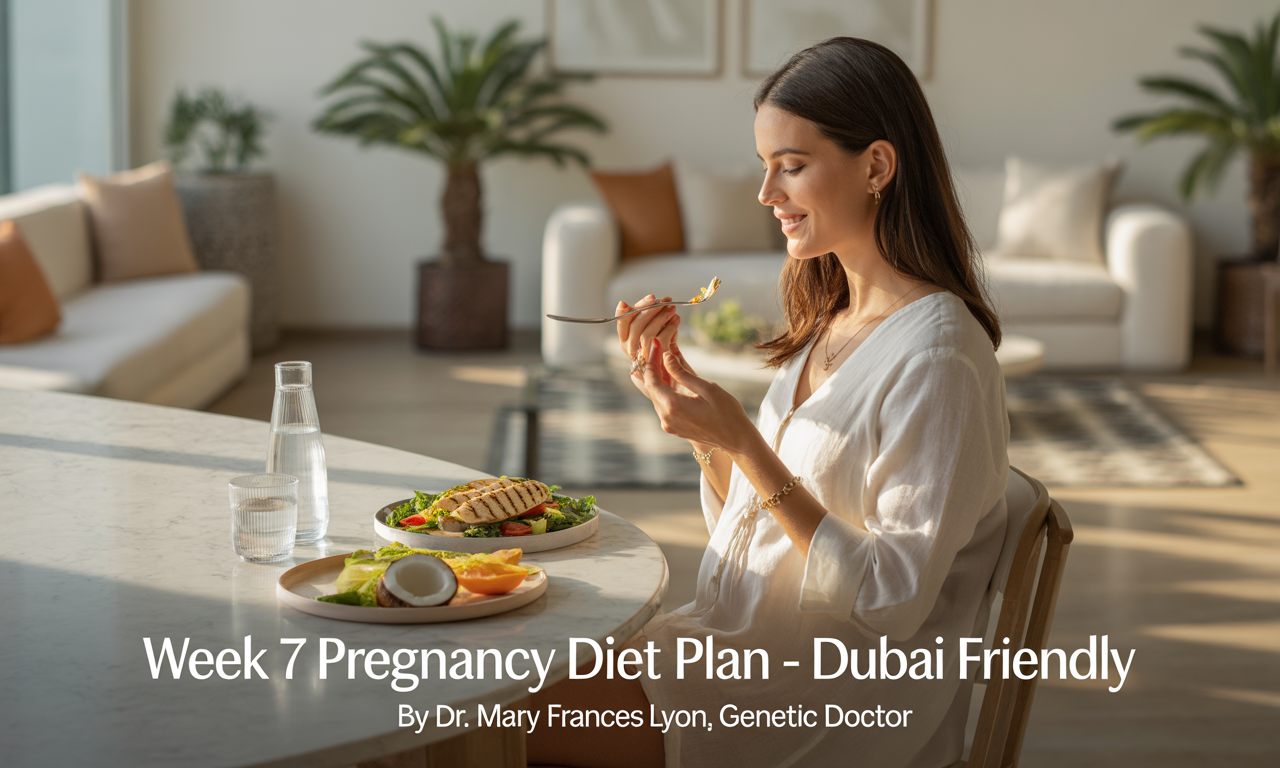 A health-conscious pregnant woman relaxes in a sunlit, modern Dubai apartment. She wears breathable cotton loungewear and sits at a dining table with a light meal: grilled chicken salad, a small bowl of sliced fruits, and a glass of coconut water. The apartment features minimalist décor with Arabic design elements, gold accents, and indoor plants. The setting is calm, fresh, and wellness-focused.