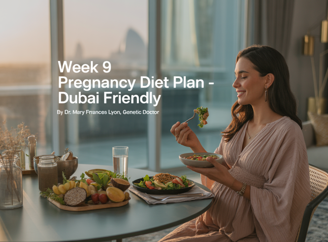A health-conscious pregnant woman relaxes in a sunlit, modern Dubai apartment. She wears breathable cotton loungewear and sits at a dining table with a light meal: grilled chicken salad, a small bowl of sliced fruits, and a glass of coconut water. The apartment features minimalist décor with Arabic design elements, gold accents, and indoor plants. The setting is calm, fresh, and wellness-focused.