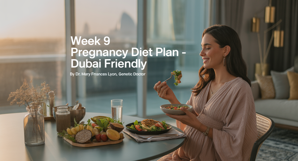 A health-conscious pregnant woman relaxes in a sunlit, modern Dubai apartment. She wears breathable cotton loungewear and sits at a dining table with a light meal: grilled chicken salad, a small bowl of sliced fruits, and a glass of coconut water. The apartment features minimalist décor with Arabic design elements, gold accents, and indoor plants. The setting is calm, fresh, and wellness-focused.