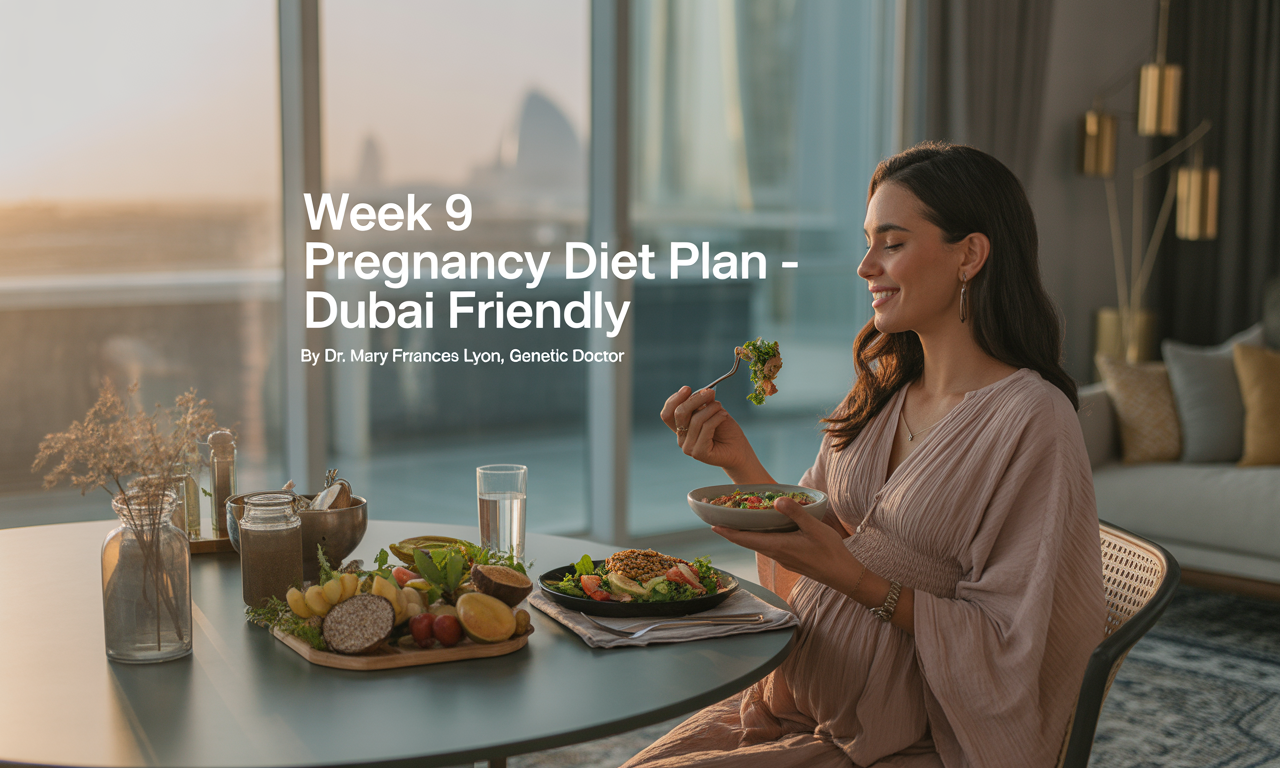A health-conscious pregnant woman relaxes in a sunlit, modern Dubai apartment. She wears breathable cotton loungewear and sits at a dining table with a light meal: grilled chicken salad, a small bowl of sliced fruits, and a glass of coconut water. The apartment features minimalist décor with Arabic design elements, gold accents, and indoor plants. The setting is calm, fresh, and wellness-focused.