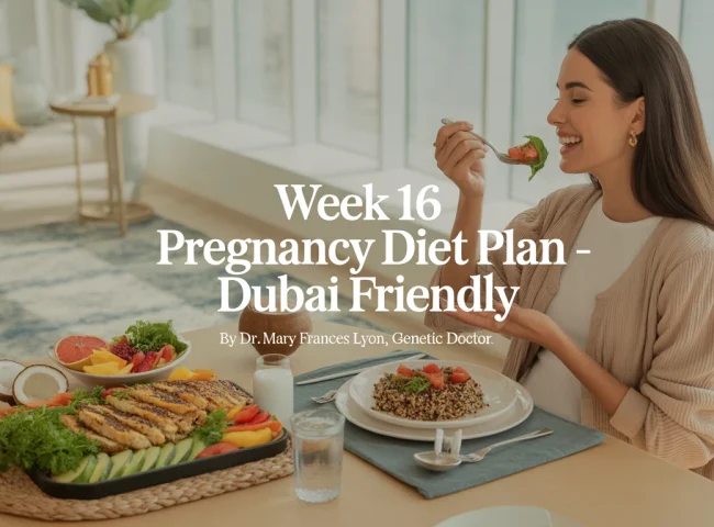 A health-conscious pregnant woman relaxes in a sunlit, modern Dubai apartment. She wears breathable cotton loungewear and sits at a dining table with a light meal: grilled chicken salad, a small bowl of sliced fruits, and a glass of coconut water. The apartment features minimalist décor with Arabic design elements, gold accents, and indoor plants. The setting is calm, fresh, and wellness-focused.
