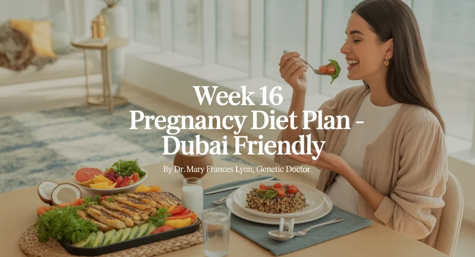 A health-conscious pregnant woman relaxes in a sunlit, modern Dubai apartment. She wears breathable cotton loungewear and sits at a dining table with a light meal: grilled chicken salad, a small bowl of sliced fruits, and a glass of coconut water. The apartment features minimalist décor with Arabic design elements, gold accents, and indoor plants. The setting is calm, fresh, and wellness-focused.