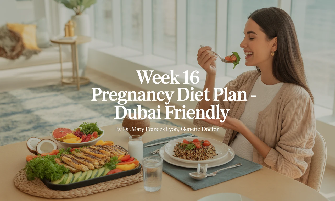 A health-conscious pregnant woman relaxes in a sunlit, modern Dubai apartment. She wears breathable cotton loungewear and sits at a dining table with a light meal: grilled chicken salad, a small bowl of sliced fruits, and a glass of coconut water. The apartment features minimalist décor with Arabic design elements, gold accents, and indoor plants. The setting is calm, fresh, and wellness-focused.