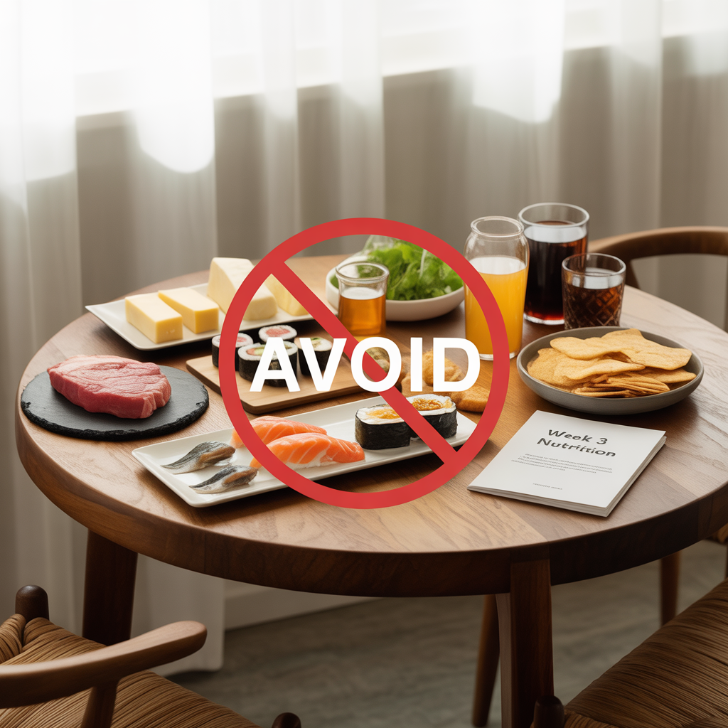 A clean kitchen table showing various foods to avoid in early pregnancy: rare steak, sushi, soft unpasteurized cheese, a bottle of unpasteurized juice, swordfish, a can of soda, fried food, packaged snacks, and a coffee cup. A single red “avoid” symbol overlays the entire group of items to signal they are unsafe for pregnancy.