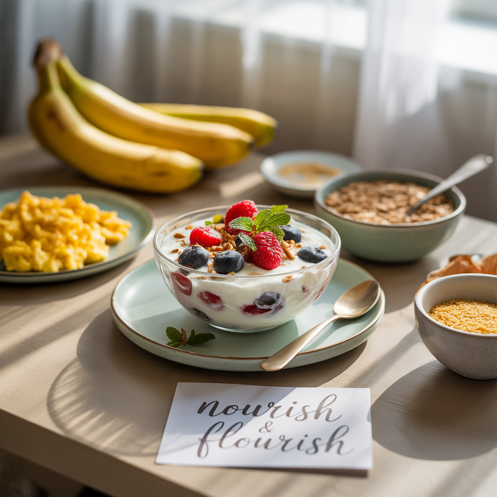 A clean, cozy table setting with vitamin B6 and B12-rich foods: ripe bananas, scrambled eggs, a bowl of fortified whole grain cereal, a serving of pasteurized Greek yogurt topped with fruit, and a small dish of nutritional yeast. The space is softly lit with a warm, wellness-focused atmosphere.