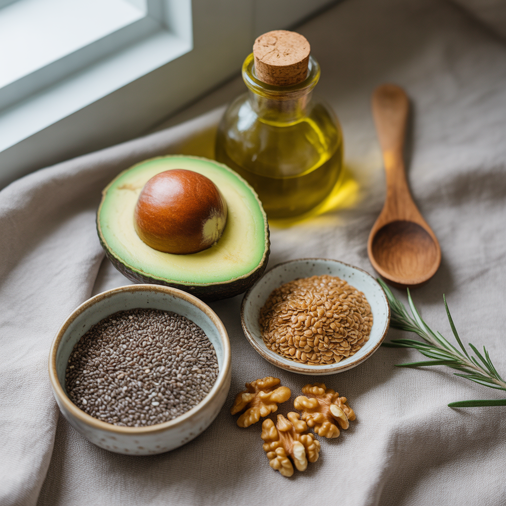 Flat lay of healthy fats including a whole and halved avocado, a small bowl of chia seeds, ground flaxseed in a dish, walnuts, and a bottle of extra virgin olive oil arranged on a light surface with natural lighting and green herb accents.