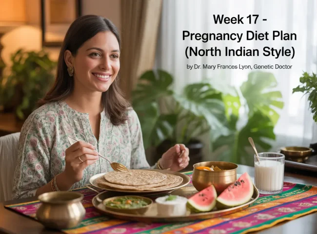 Smiling pregnant woman in her first trimester enjoying a healthy North Indian meal with roti, dal, sautéed spinach, curd, papaya, watermelon, and coconut water. Traditional decor with brass utensils, table runner, indoor plants, and soft natural light.