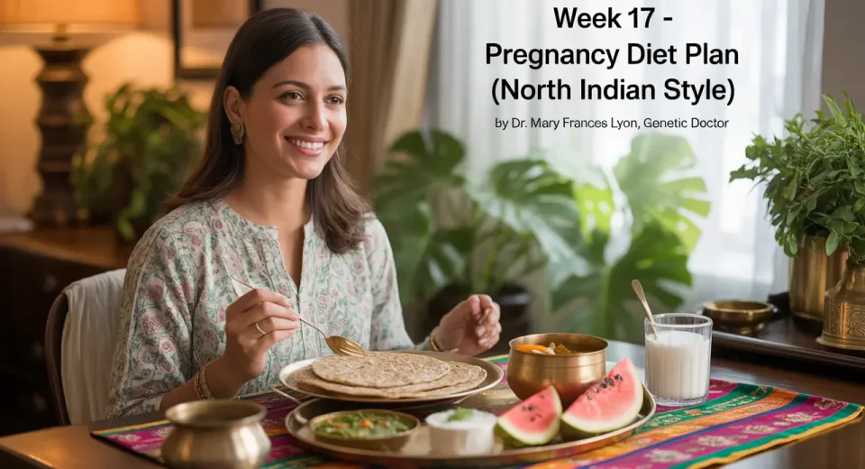 Smiling pregnant woman in her first trimester enjoying a healthy North Indian meal with roti, dal, sautéed spinach, curd, papaya, watermelon, and coconut water. Traditional decor with brass utensils, table runner, indoor plants, and soft natural light.