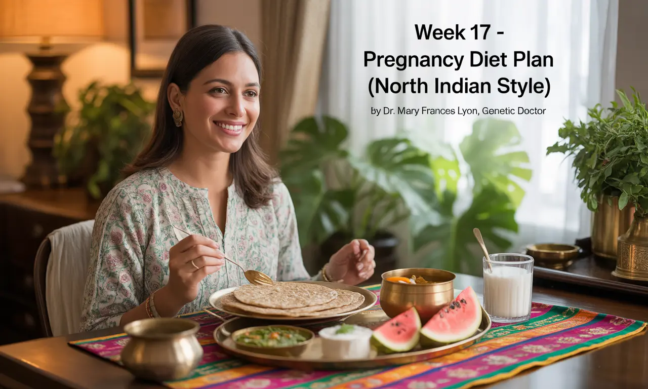 Smiling pregnant woman in her first trimester enjoying a healthy North Indian meal with roti, dal, sautéed spinach, curd, papaya, watermelon, and coconut water. Traditional decor with brass utensils, table runner, indoor plants, and soft natural light.