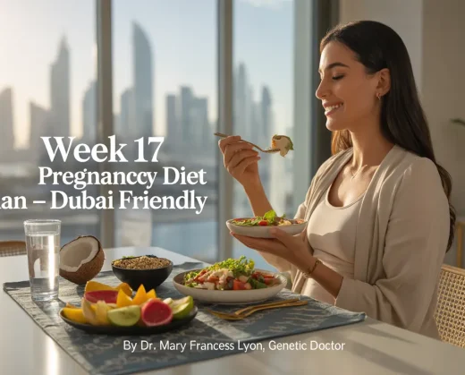A health-conscious pregnant woman relaxes in a sunlit, modern Dubai apartment. She wears breathable cotton loungewear and sits at a dining table with a light meal: grilled chicken salad, a small bowl of sliced fruits, and a glass of coconut water. The apartment features minimalist décor with Arabic design elements, gold accents, and indoor plants. The setting is calm, fresh, and wellness-focused.