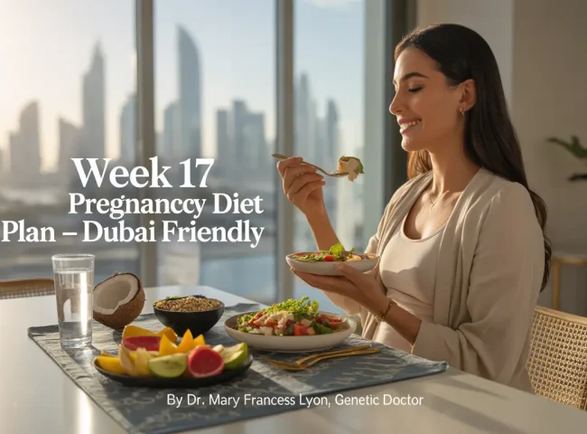 A health-conscious pregnant woman relaxes in a sunlit, modern Dubai apartment. She wears breathable cotton loungewear and sits at a dining table with a light meal: grilled chicken salad, a small bowl of sliced fruits, and a glass of coconut water. The apartment features minimalist décor with Arabic design elements, gold accents, and indoor plants. The setting is calm, fresh, and wellness-focused.