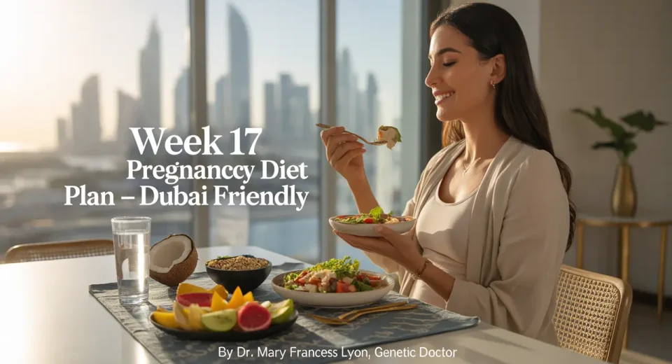 A health-conscious pregnant woman relaxes in a sunlit, modern Dubai apartment. She wears breathable cotton loungewear and sits at a dining table with a light meal: grilled chicken salad, a small bowl of sliced fruits, and a glass of coconut water. The apartment features minimalist décor with Arabic design elements, gold accents, and indoor plants. The setting is calm, fresh, and wellness-focused.