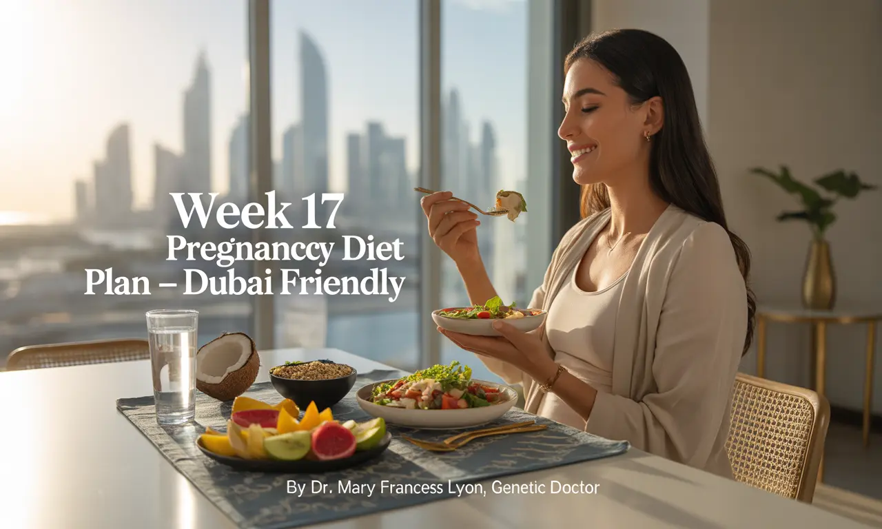 A health-conscious pregnant woman relaxes in a sunlit, modern Dubai apartment. She wears breathable cotton loungewear and sits at a dining table with a light meal: grilled chicken salad, a small bowl of sliced fruits, and a glass of coconut water. The apartment features minimalist décor with Arabic design elements, gold accents, and indoor plants. The setting is calm, fresh, and wellness-focused.