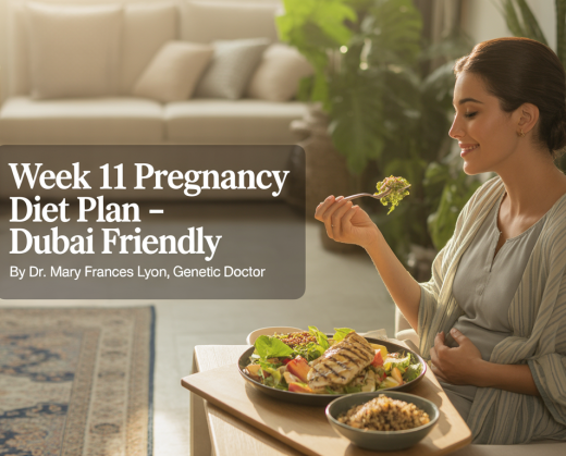 A health-conscious pregnant woman relaxes in a sunlit, modern Dubai apartment. She wears breathable cotton loungewear and sits at a dining table with a light meal: grilled chicken salad, a small bowl of sliced fruits, and a glass of coconut water. The apartment features minimalist décor with Arabic design elements, gold accents, and indoor plants. The setting is calm, fresh, and wellness-focused.