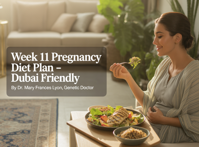 A health-conscious pregnant woman relaxes in a sunlit, modern Dubai apartment. She wears breathable cotton loungewear and sits at a dining table with a light meal: grilled chicken salad, a small bowl of sliced fruits, and a glass of coconut water. The apartment features minimalist décor with Arabic design elements, gold accents, and indoor plants. The setting is calm, fresh, and wellness-focused.