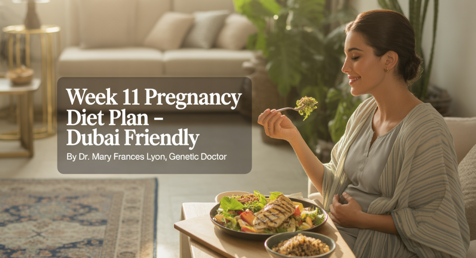A health-conscious pregnant woman relaxes in a sunlit, modern Dubai apartment. She wears breathable cotton loungewear and sits at a dining table with a light meal: grilled chicken salad, a small bowl of sliced fruits, and a glass of coconut water. The apartment features minimalist décor with Arabic design elements, gold accents, and indoor plants. The setting is calm, fresh, and wellness-focused.