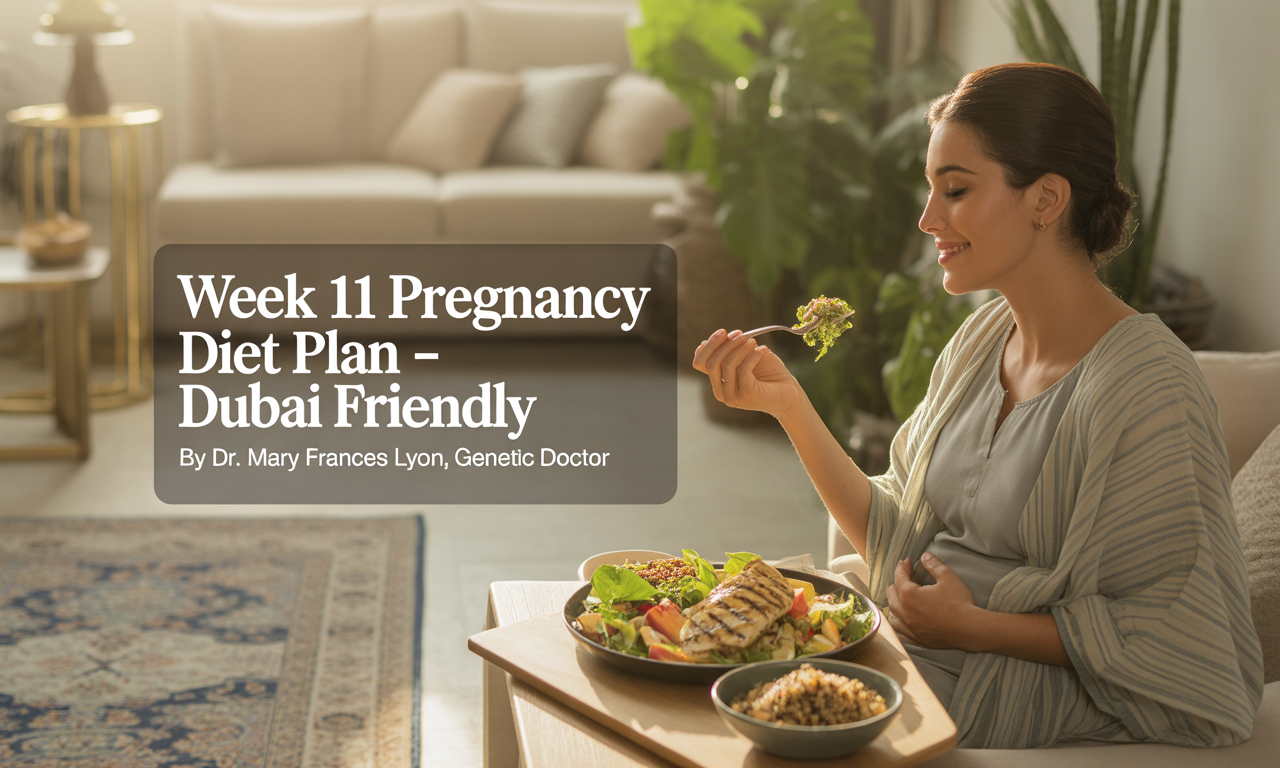 A health-conscious pregnant woman relaxes in a sunlit, modern Dubai apartment. She wears breathable cotton loungewear and sits at a dining table with a light meal: grilled chicken salad, a small bowl of sliced fruits, and a glass of coconut water. The apartment features minimalist décor with Arabic design elements, gold accents, and indoor plants. The setting is calm, fresh, and wellness-focused.