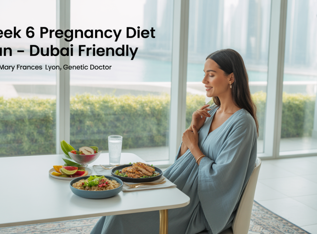 A pregnant woman in light clothing sits in a sunny Dubai apartment, enjoying a healthy meal with salad, quinoa, fruit, and coconut water. The space features minimalist décor with gold accents, an Arabic rug, and indoor plants.