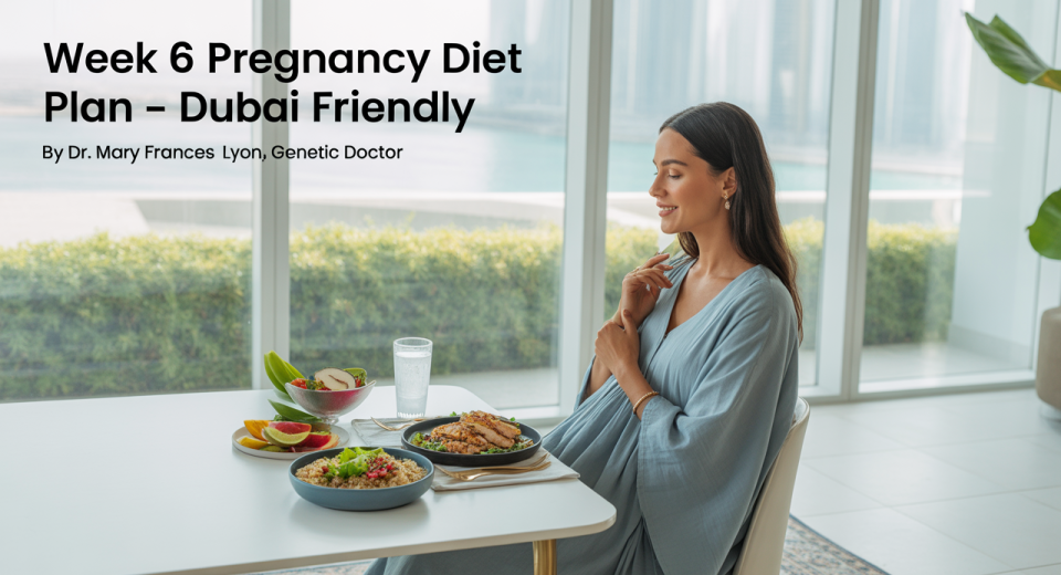 A pregnant woman in light clothing sits in a sunny Dubai apartment, enjoying a healthy meal with salad, quinoa, fruit, and coconut water. The space features minimalist décor with gold accents, an Arabic rug, and indoor plants.