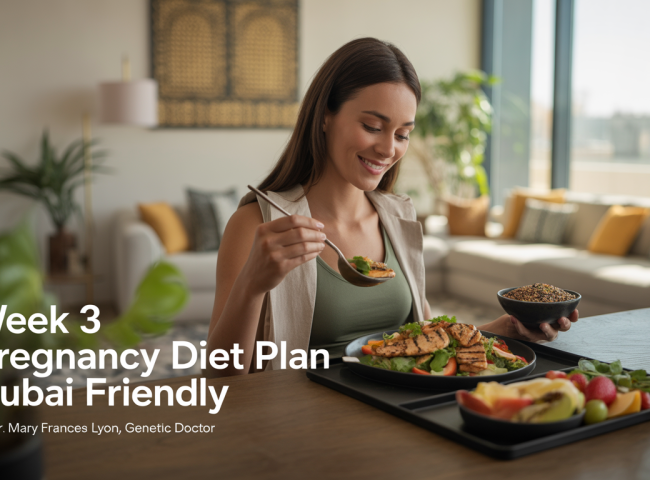 A health-conscious pregnant woman in her third week, wearing breathable loungewear, sits peacefully in a bright, modern Dubai apartment with sunlight streaming through large windows. On the table is a nutritious meal including grilled chicken salad, quinoa with veggies, sliced fruits, and coconut water. The space features minimalist décor with Arabic design touches and indoor plants.