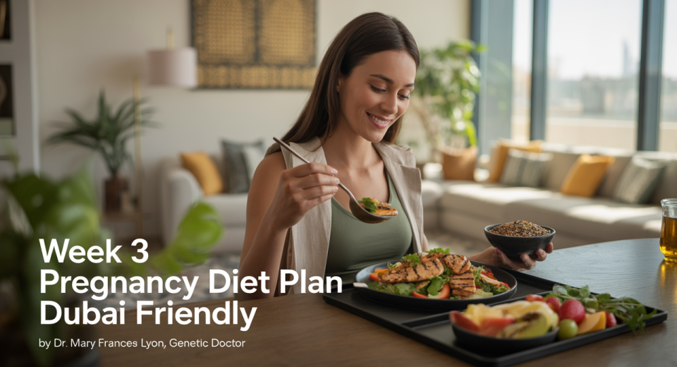 A health-conscious pregnant woman in her third week, wearing breathable loungewear, sits peacefully in a bright, modern Dubai apartment with sunlight streaming through large windows. On the table is a nutritious meal including grilled chicken salad, quinoa with veggies, sliced fruits, and coconut water. The space features minimalist décor with Arabic design touches and indoor plants.