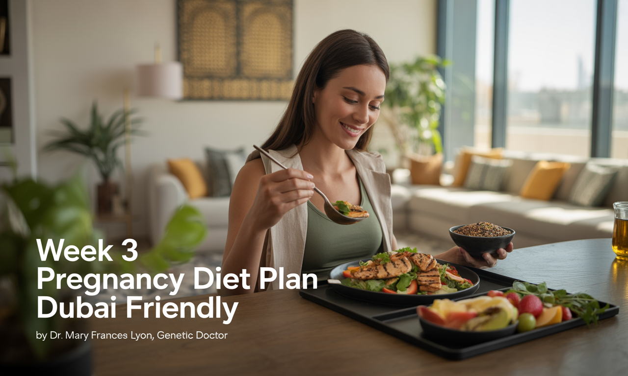 A health-conscious pregnant woman in her third week, wearing breathable loungewear, sits peacefully in a bright, modern Dubai apartment with sunlight streaming through large windows. On the table is a nutritious meal including grilled chicken salad, quinoa with veggies, sliced fruits, and coconut water. The space features minimalist décor with Arabic design touches and indoor plants.