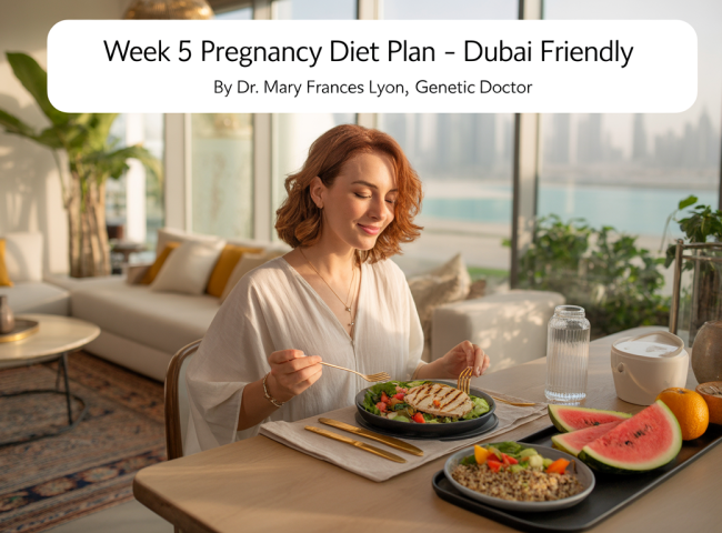 A pregnant woman in light clothing sits in a sunny Dubai apartment, enjoying a healthy meal with salad, quinoa, fruit, and coconut water. The space features minimalist décor with gold accents, an Arabic rug, and indoor plants.