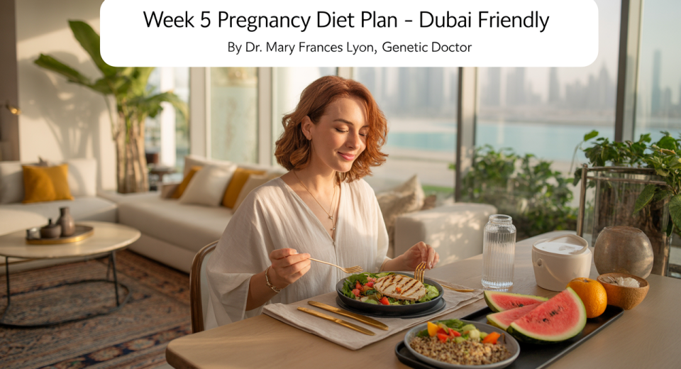 A pregnant woman in light clothing sits in a sunny Dubai apartment, enjoying a healthy meal with salad, quinoa, fruit, and coconut water. The space features minimalist décor with gold accents, an Arabic rug, and indoor plants.