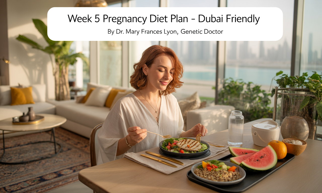 A pregnant woman in light clothing sits in a sunny Dubai apartment, enjoying a healthy meal with salad, quinoa, fruit, and coconut water. The space features minimalist décor with gold accents, an Arabic rug, and indoor plants.