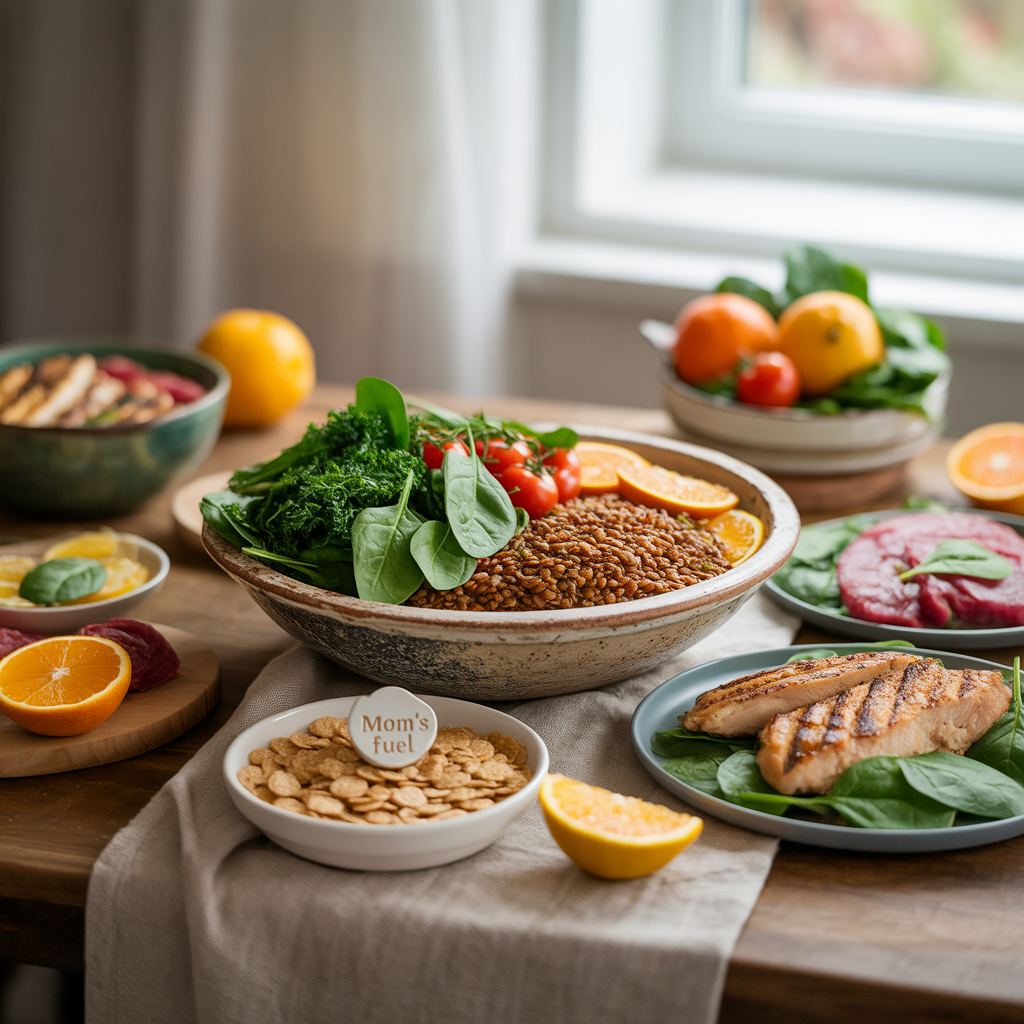A colorful arrangement of iron-rich foods on a wooden table, including leafy greens like spinach and kale, bowls of lentils, chickpeas, quinoa, plates of grilled beef and chicken, and a bowl of fortified whole grain cereal. Bright vitamin C-rich fruits such as oranges, lemon slices, tomatoes, and strawberries are placed around to enhance iron absorption.