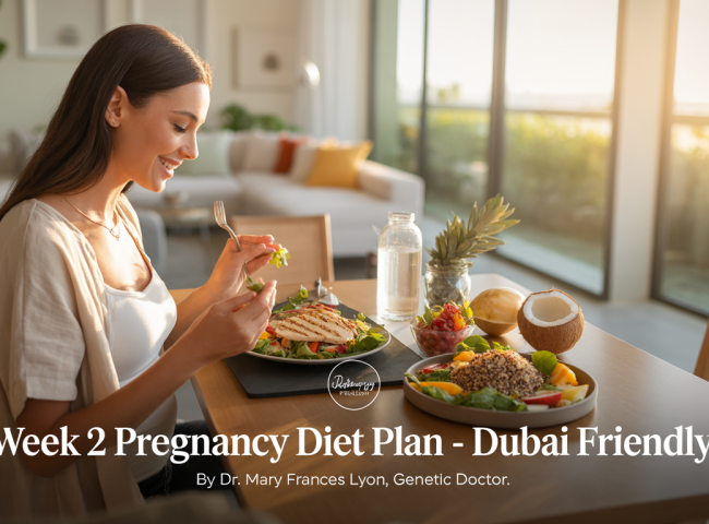 A relaxed woman in her second week of pregnancy sits in a sunlit Dubai apartment, wearing light cotton loungewear. On the table are nutrient-rich foods including grilled chicken salad, quinoa with vegetables, watermelon, oranges, and a glass of coconut water.