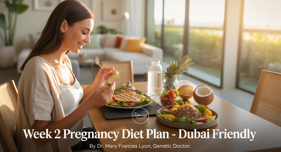 A relaxed woman in her second week of pregnancy sits in a sunlit Dubai apartment, wearing light cotton loungewear. On the table are nutrient-rich foods including grilled chicken salad, quinoa with vegetables, watermelon, oranges, and a glass of coconut water.