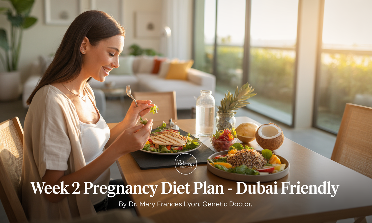 A relaxed woman in her second week of pregnancy sits in a sunlit Dubai apartment, wearing light cotton loungewear. On the table are nutrient-rich foods including grilled chicken salad, quinoa with vegetables, watermelon, oranges, and a glass of coconut water.