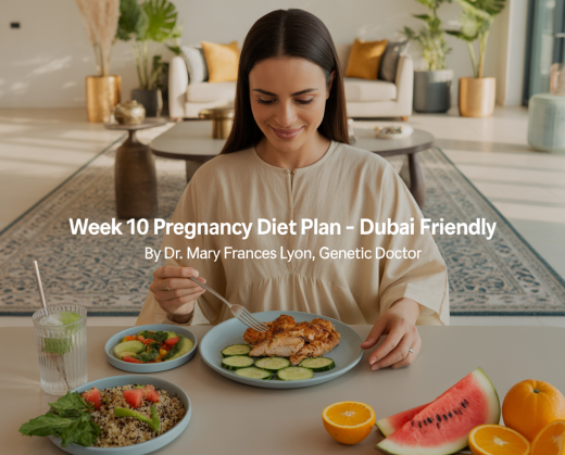 A health-conscious pregnant woman relaxes in a sunlit, modern Dubai apartment. She wears breathable cotton loungewear and sits at a dining table with a light meal: grilled chicken salad, a small bowl of sliced fruits, and a glass of coconut water. The apartment features minimalist décor with Arabic design elements, gold accents, and indoor plants. The setting is calm, fresh, and wellness-focused.