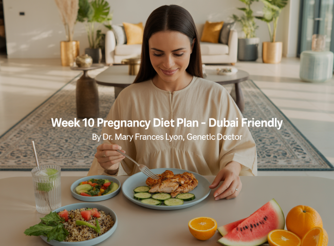 A health-conscious pregnant woman relaxes in a sunlit, modern Dubai apartment. She wears breathable cotton loungewear and sits at a dining table with a light meal: grilled chicken salad, a small bowl of sliced fruits, and a glass of coconut water. The apartment features minimalist décor with Arabic design elements, gold accents, and indoor plants. The setting is calm, fresh, and wellness-focused.