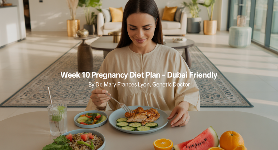 A health-conscious pregnant woman relaxes in a sunlit, modern Dubai apartment. She wears breathable cotton loungewear and sits at a dining table with a light meal: grilled chicken salad, a small bowl of sliced fruits, and a glass of coconut water. The apartment features minimalist décor with Arabic design elements, gold accents, and indoor plants. The setting is calm, fresh, and wellness-focused.
