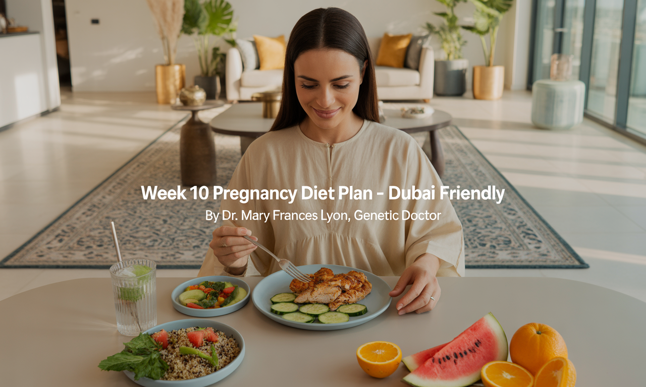 A health-conscious pregnant woman relaxes in a sunlit, modern Dubai apartment. She wears breathable cotton loungewear and sits at a dining table with a light meal: grilled chicken salad, a small bowl of sliced fruits, and a glass of coconut water. The apartment features minimalist décor with Arabic design elements, gold accents, and indoor plants. The setting is calm, fresh, and wellness-focused.