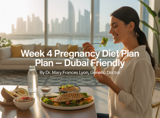 A relaxed, health-conscious woman in her fourth week of pregnancy, with no visible baby bump, sitting in a sunlit modern Dubai apartment. She wears breathable cotton loungewear and is surrounded by a healthy meal of grilled chicken salad, quinoa, fruits, and coconut water on a dining table with Arabic-style décor.