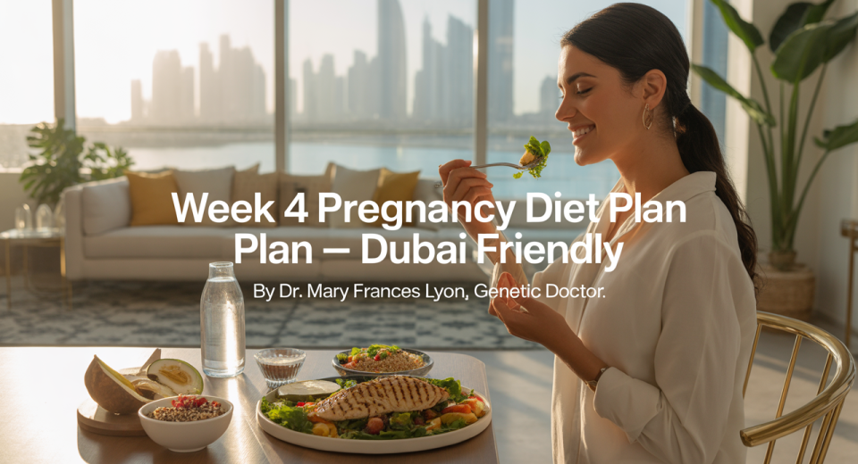 A relaxed, health-conscious woman in her fourth week of pregnancy, with no visible baby bump, sitting in a sunlit modern Dubai apartment. She wears breathable cotton loungewear and is surrounded by a healthy meal of grilled chicken salad, quinoa, fruits, and coconut water on a dining table with Arabic-style décor.