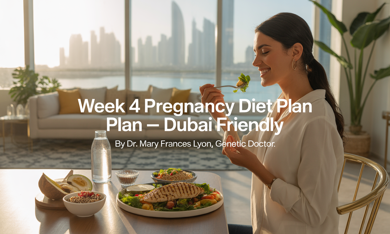 A relaxed, health-conscious woman in her fourth week of pregnancy, with no visible baby bump, sitting in a sunlit modern Dubai apartment. She wears breathable cotton loungewear and is surrounded by a healthy meal of grilled chicken salad, quinoa, fruits, and coconut water on a dining table with Arabic-style décor.