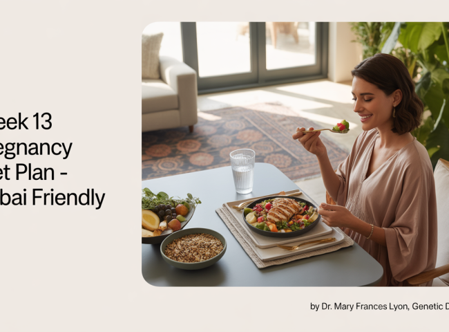 A health-conscious pregnant woman relaxes in a sunlit, modern Dubai apartment. She wears breathable cotton loungewear and sits at a dining table with a light meal: grilled chicken salad, a small bowl of sliced fruits, and a glass of coconut water. The apartment features minimalist décor with Arabic design elements, gold accents, and indoor plants. The setting is calm, fresh, and wellness-focused.